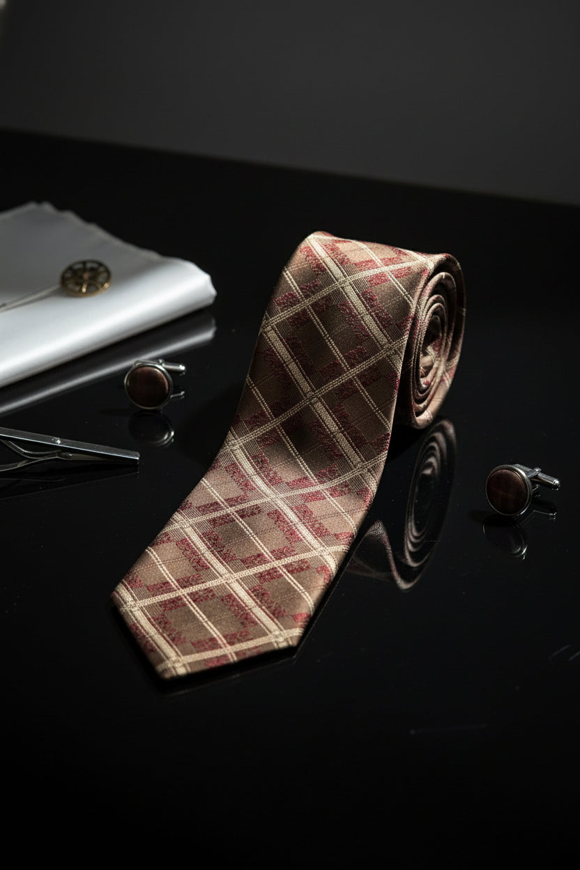 Brown plaid silk tie rolled on black surface with cufflinks and pocket square.