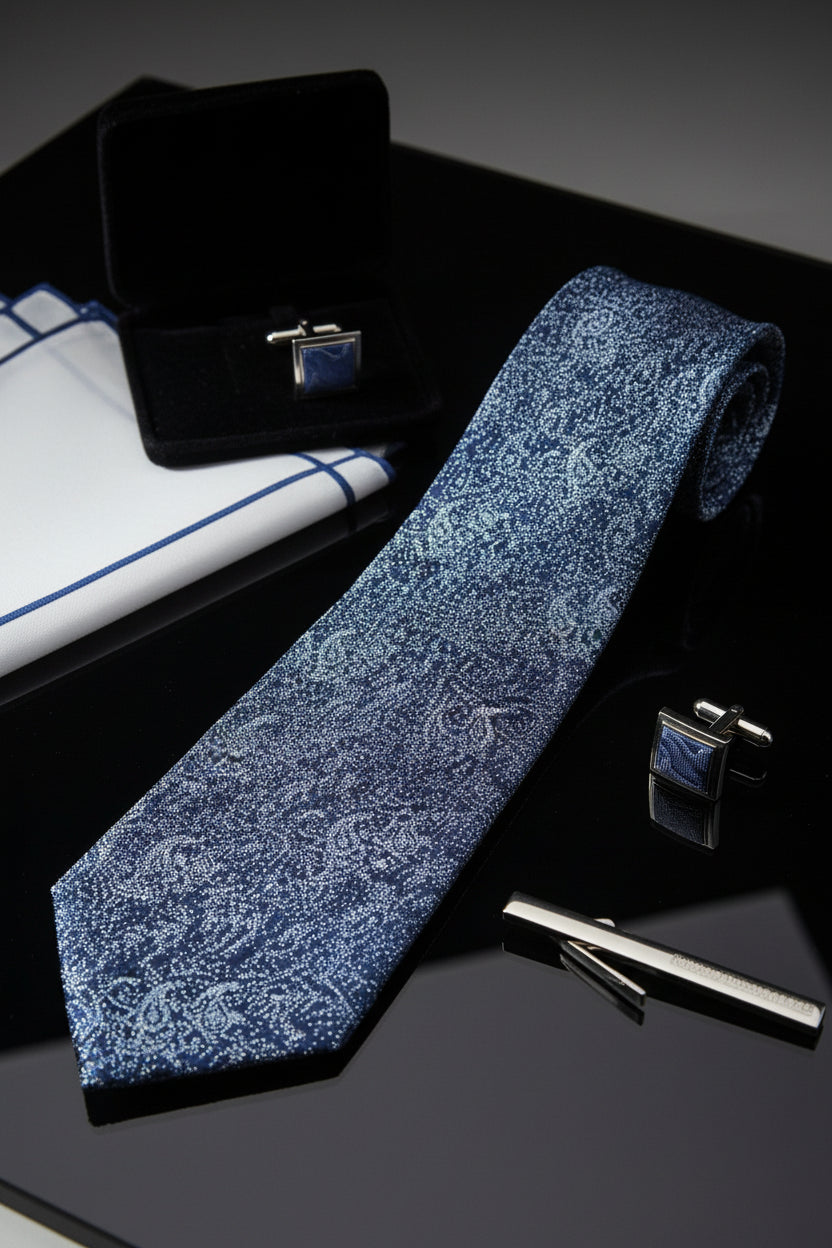 Navy paisley pattern silk tie with elegant sheen, paired with cufflinks and pocket square.