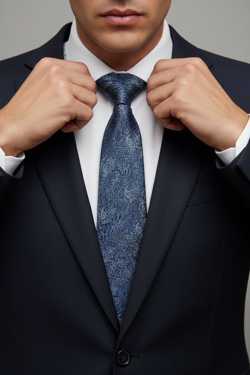Man adjusting navy paisley pattern silk tie with formal suit and white shirt.