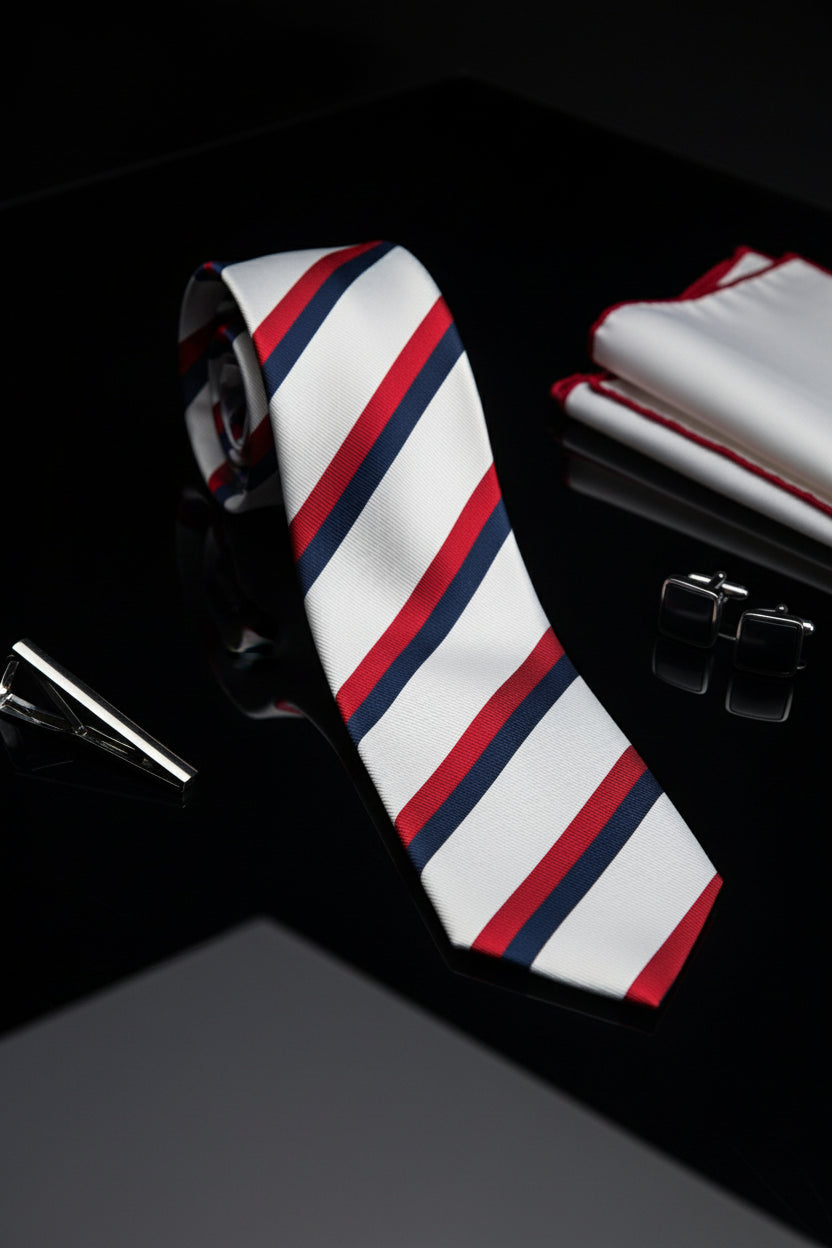 White striped silk tie featuring red and navy stripes, perfect for formal wear.