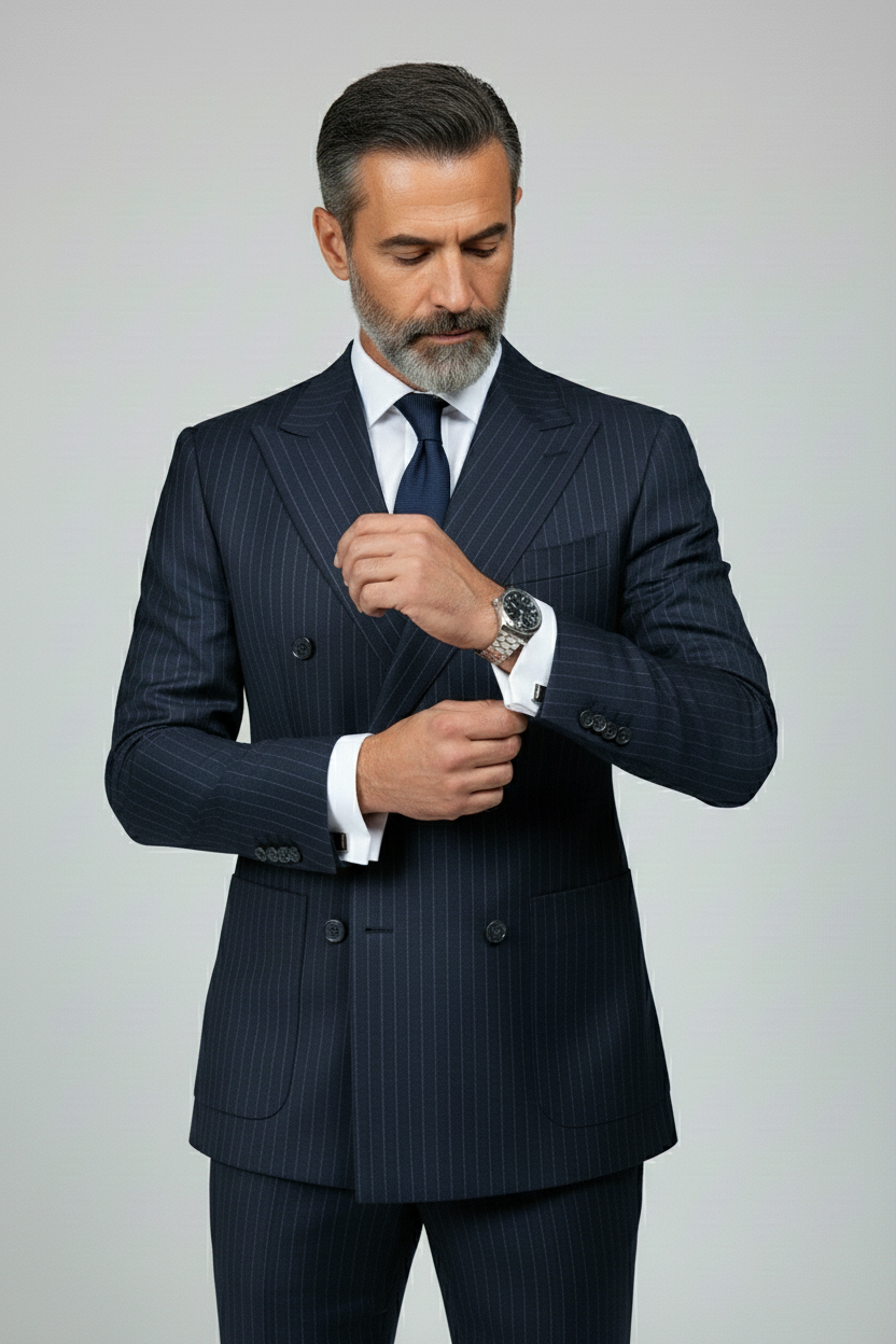 Navy Double-Breasted Navy Pinstripe Suit