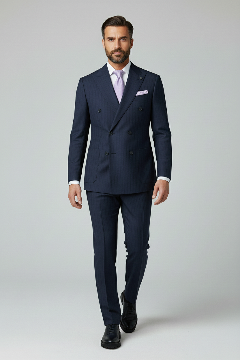 Navy Double-Breasted Navy Pinstripe Suit