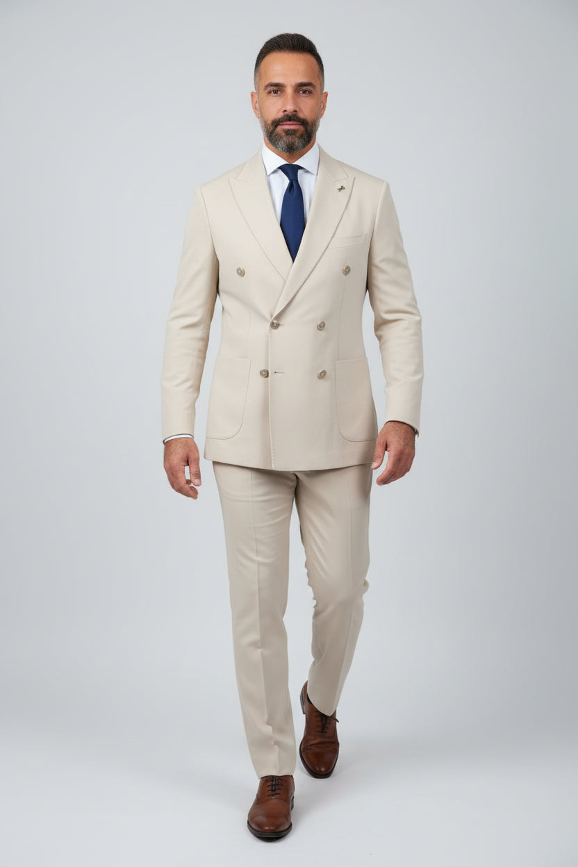 Beige Double-Breasted Suit