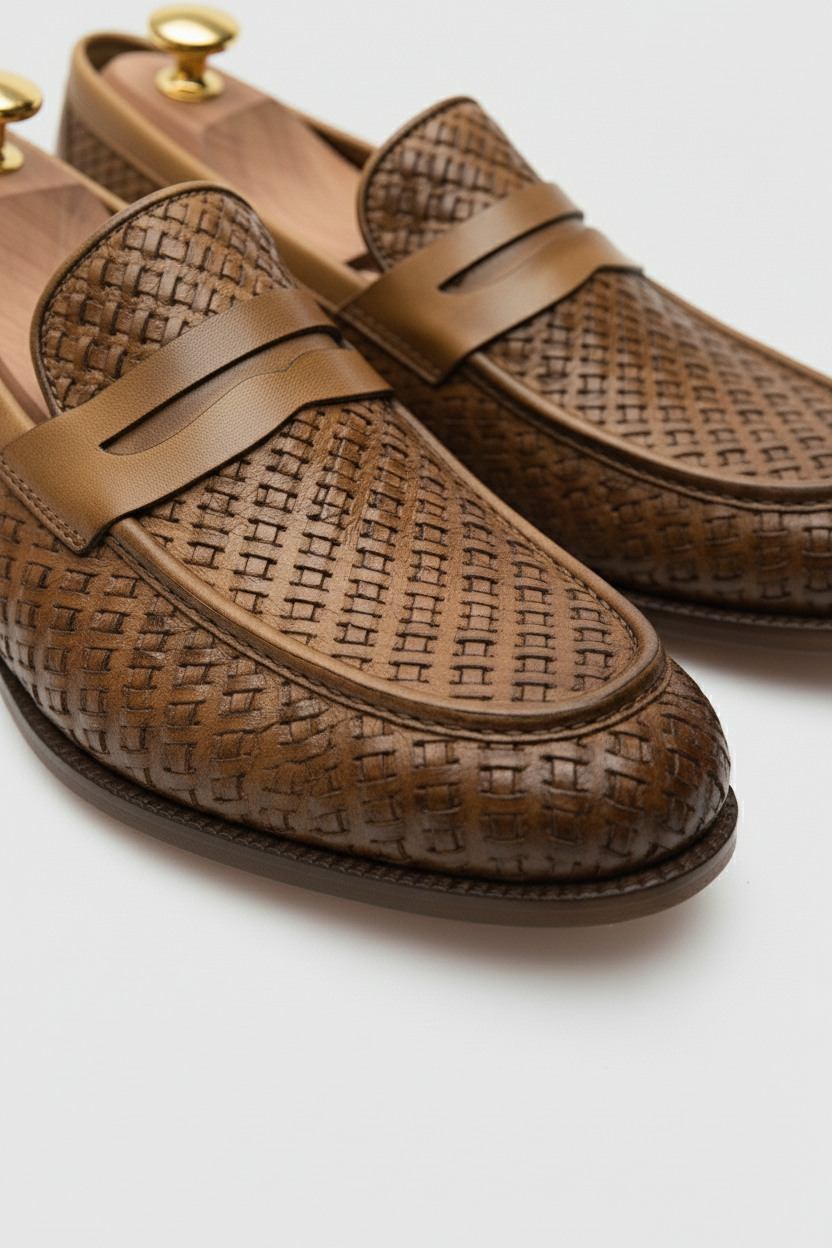Brown Woven Leather Loafers