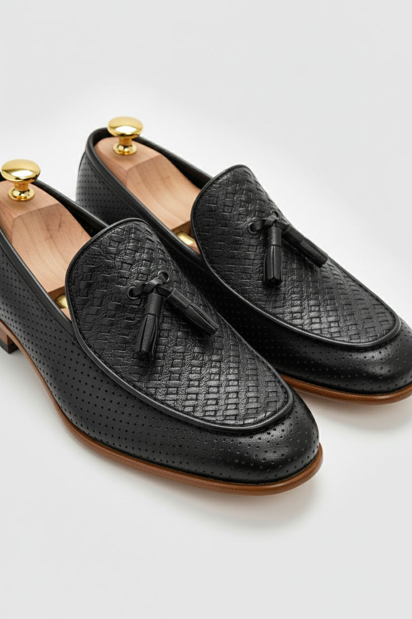 Black Textured Woven Loafers