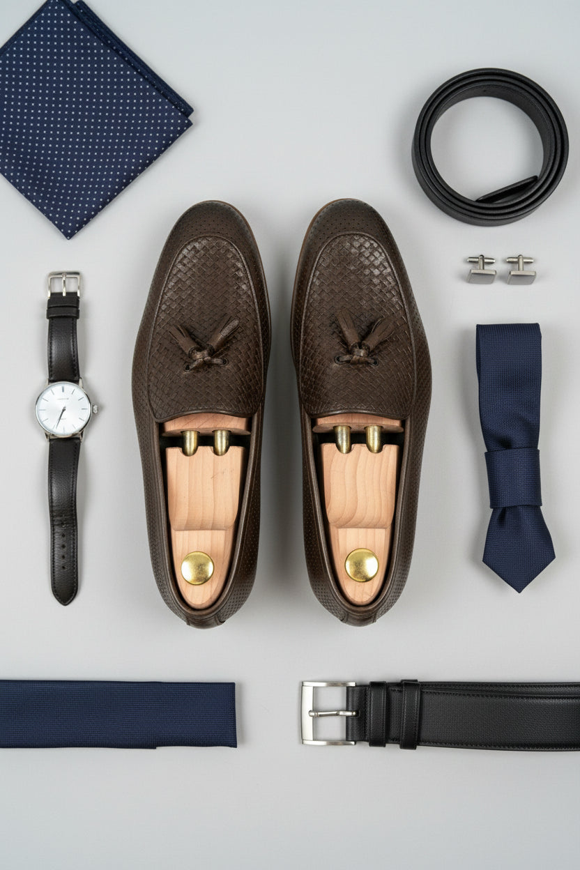 Dark brown woven leather loafers with comfortable slip-on design and breathable material.