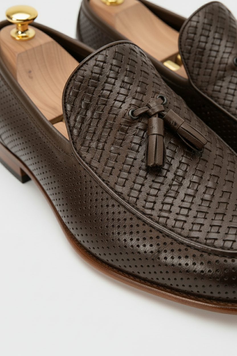 Dark Brown Textured Woven Loafers