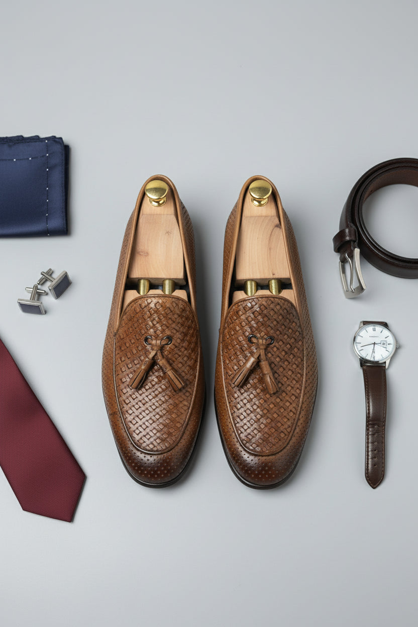 Brown woven leather loafers with tassels, perfect for casual or formal wear.
