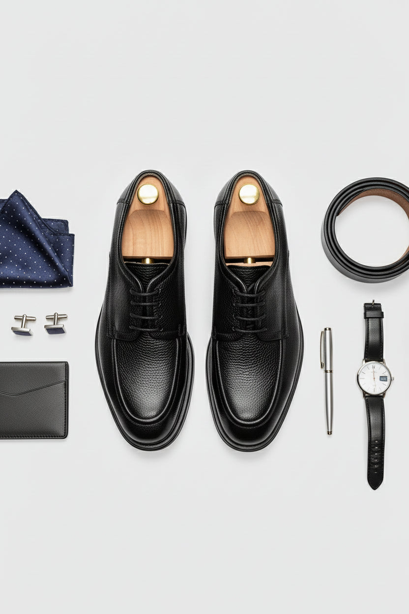 Black leather Oxford shoes with a classic design, perfect for formal wear.