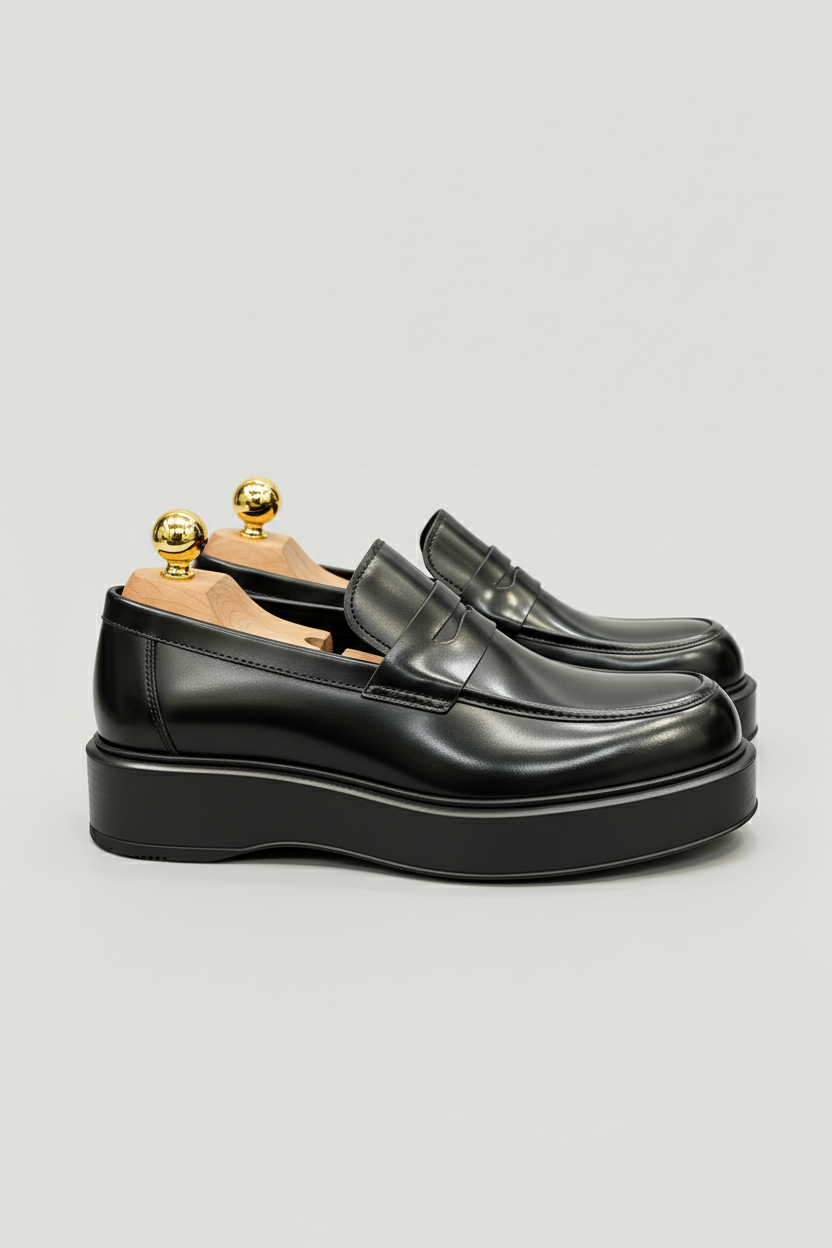 Black Glossy Leather Loafers with Raised Sole