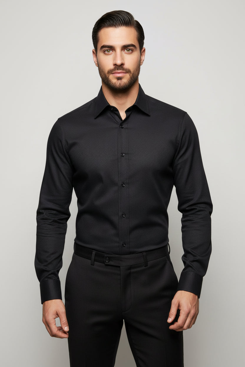 Man wearing black striped slim fit dress shirt, perfect for formal and business casual events.
