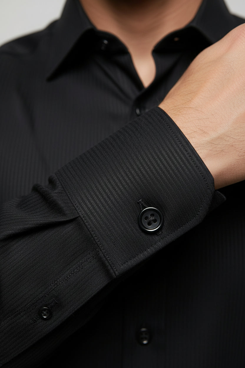 Black striped slim fit dress shirt with tailored cuffs and button detail.