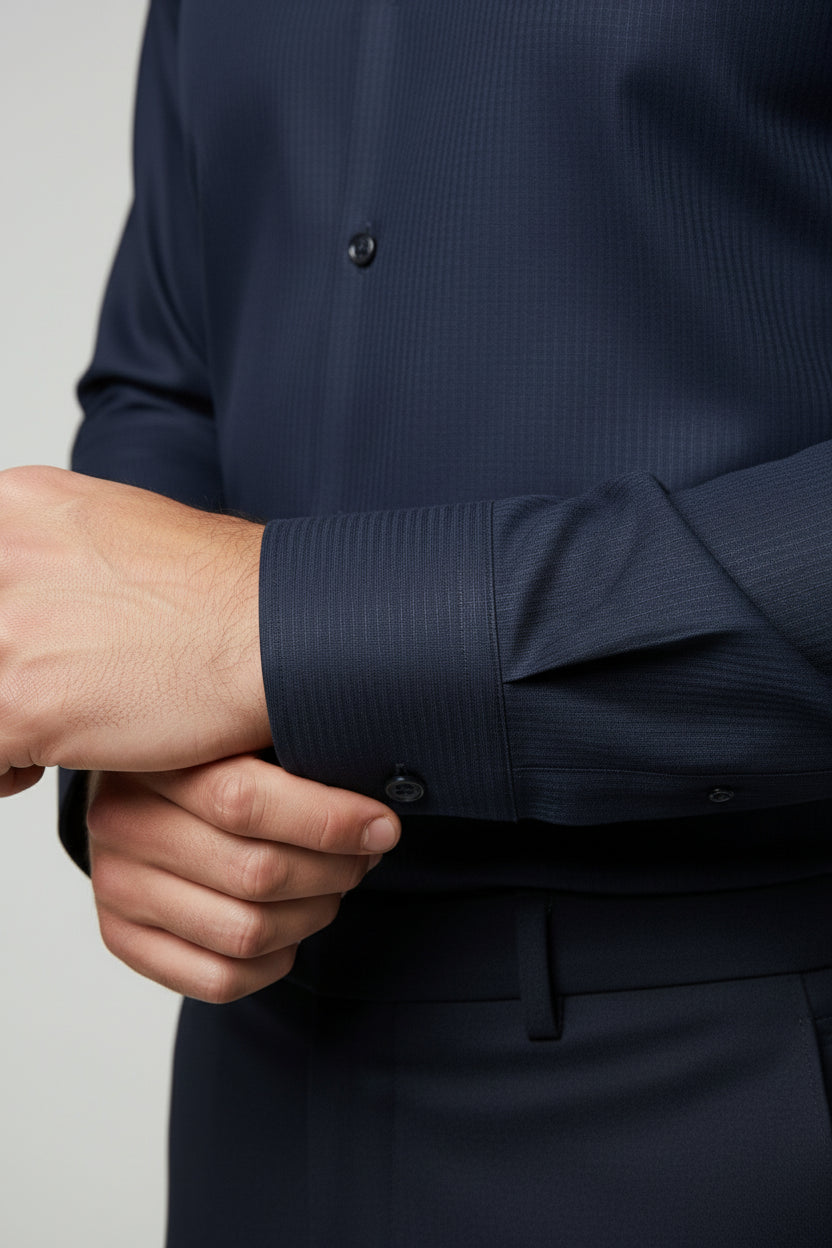 Man adjusting cuff of navy slim fit striped dress shirt for formal wear.
