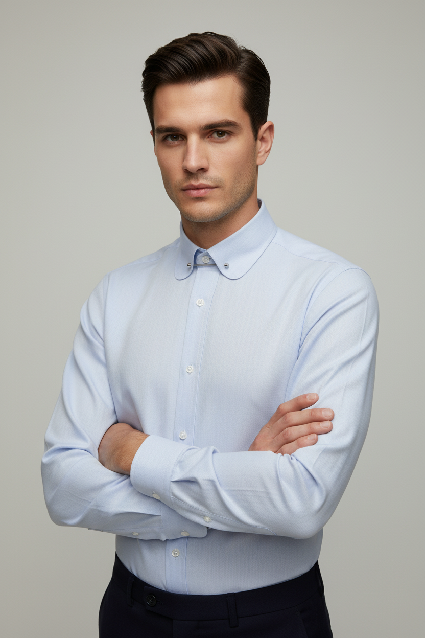 Light Blue Herringbone Dress Shirt with Collar Bar