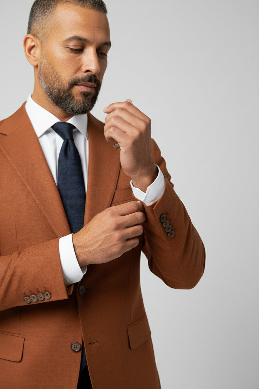 Man adjusting cuff of orange and navy combination suit with peak lapels.