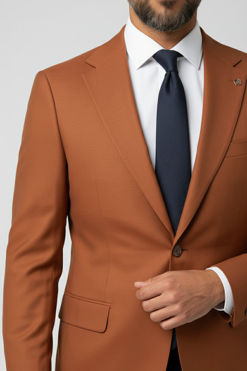 Man wearing orange and navy combination suit with peak lapels and tie.