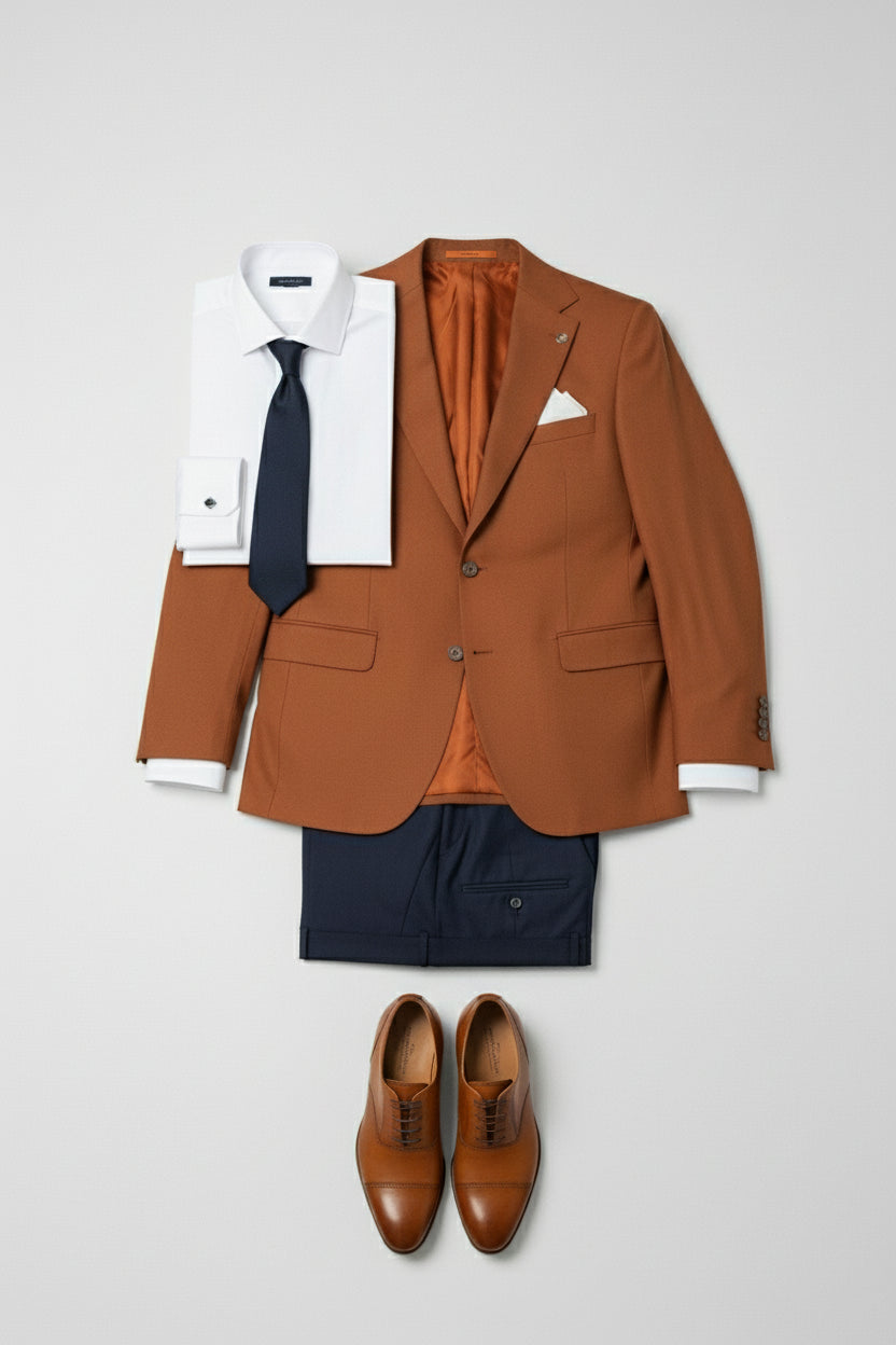 Orange and navy combination suit with peak lapels, white shirt, and brown shoes.