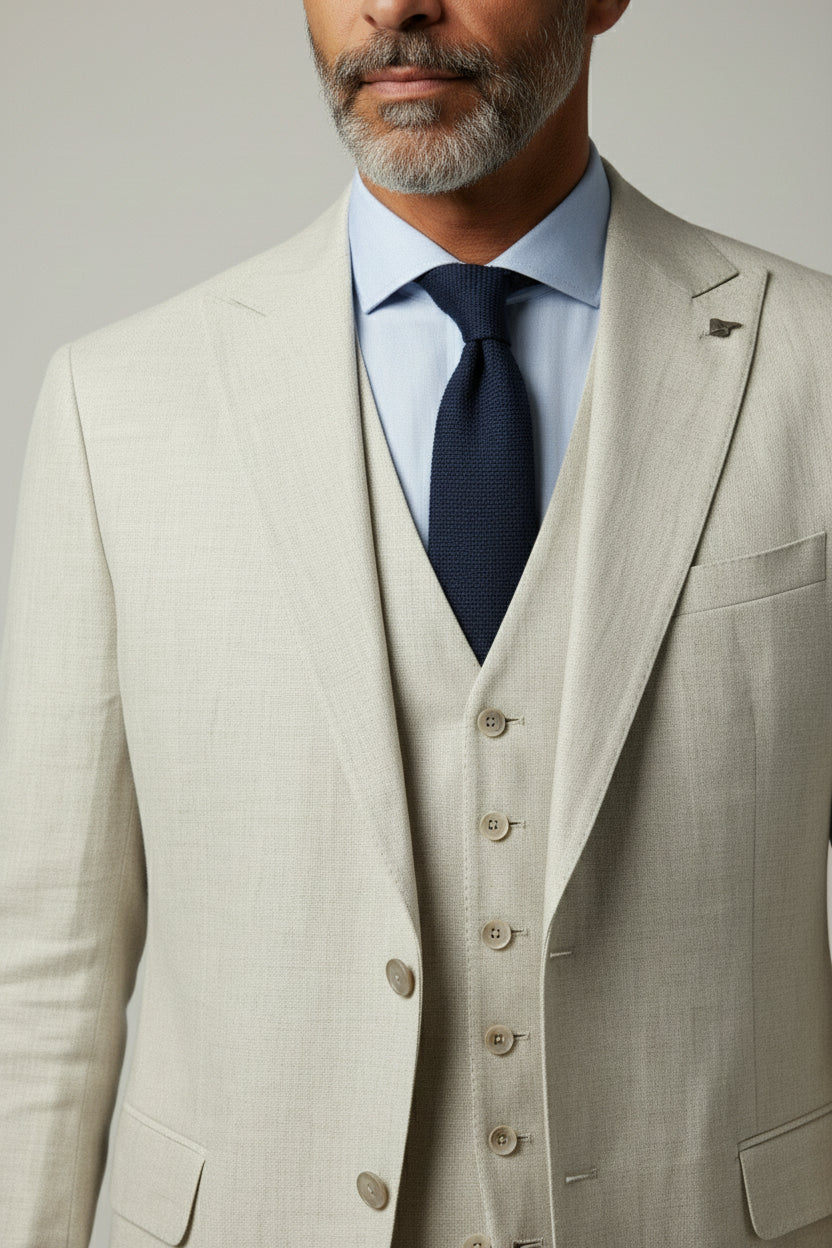 Man wearing beige three-piece suit with notched lapel, perfect for summer events.