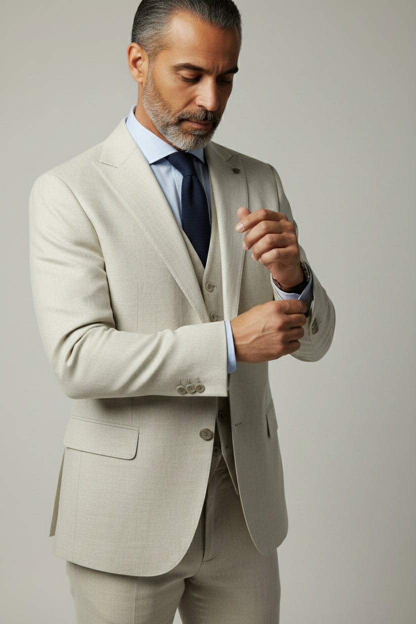 Man adjusting sleeve of beige three-piece suit with notched lapels, ideal for summer events.