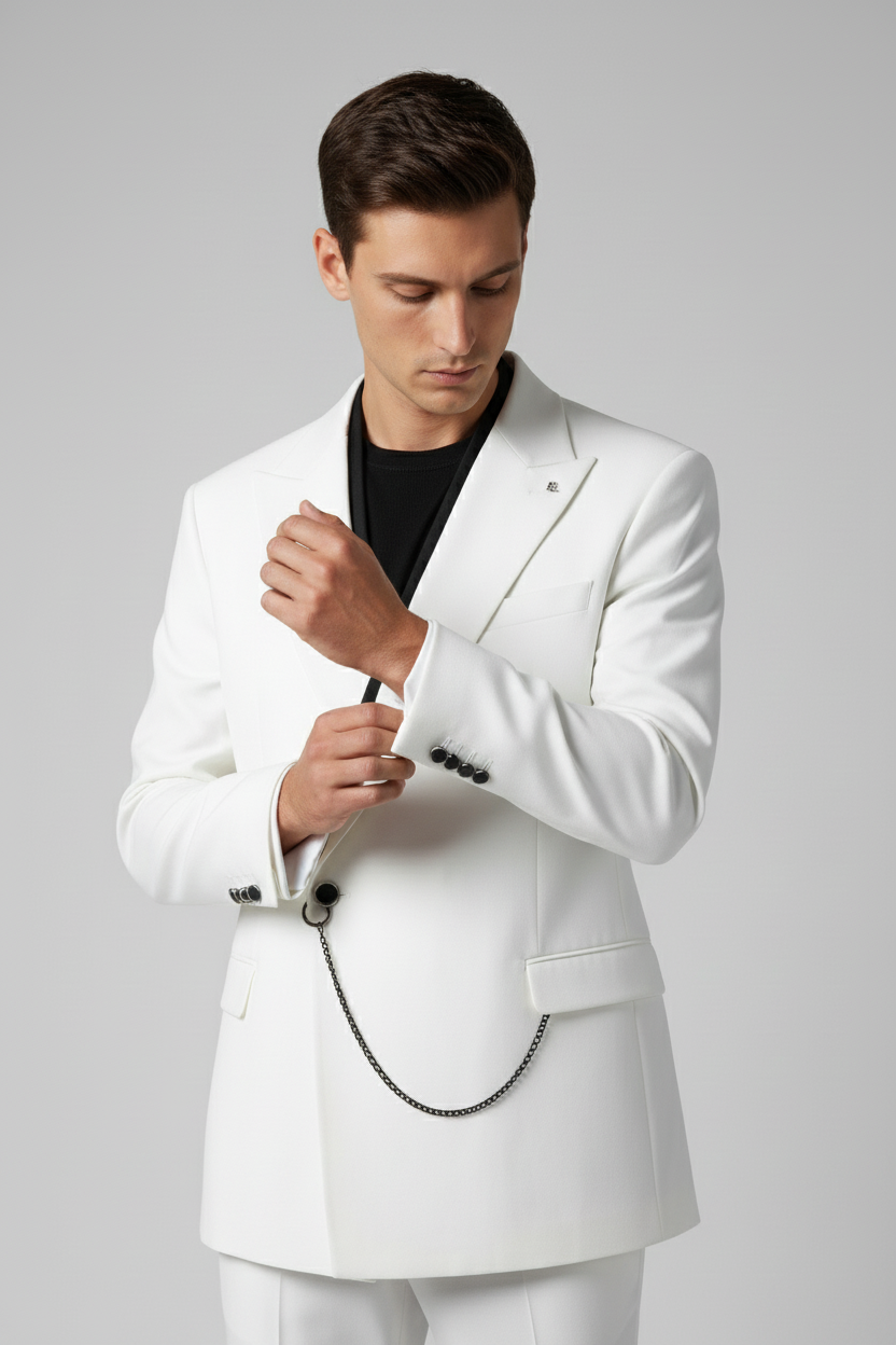 White & Black Lapel Chain Suit