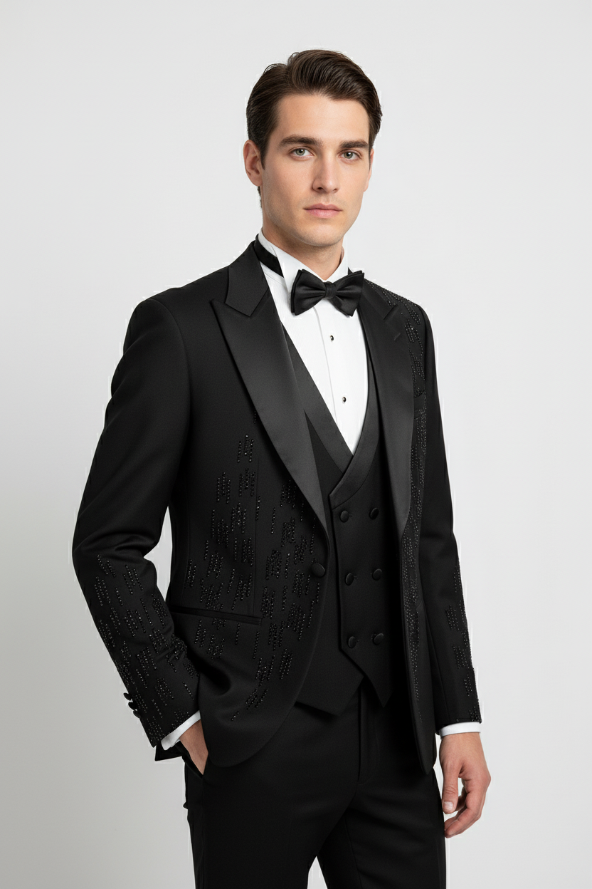 Black Embellished Tuxedo with Satin Lapel