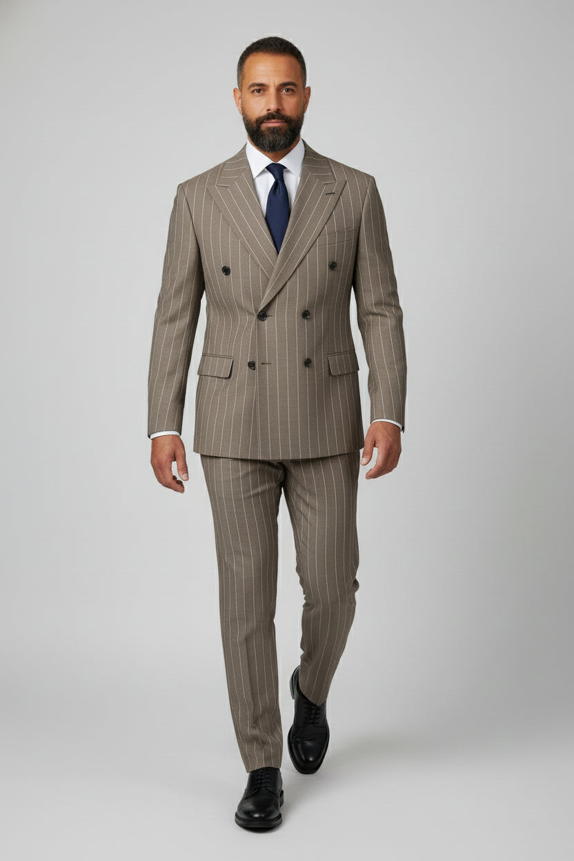 Taupe Pinstripe Double-Breasted Suit