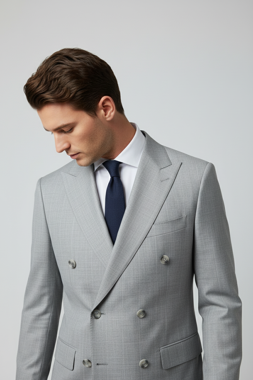 Light Grey Double-Breasted Pinstripe Suit