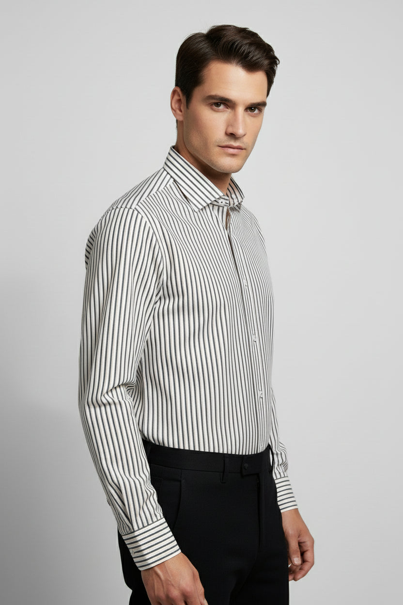Navy and Beige Striped Cotton Shirt