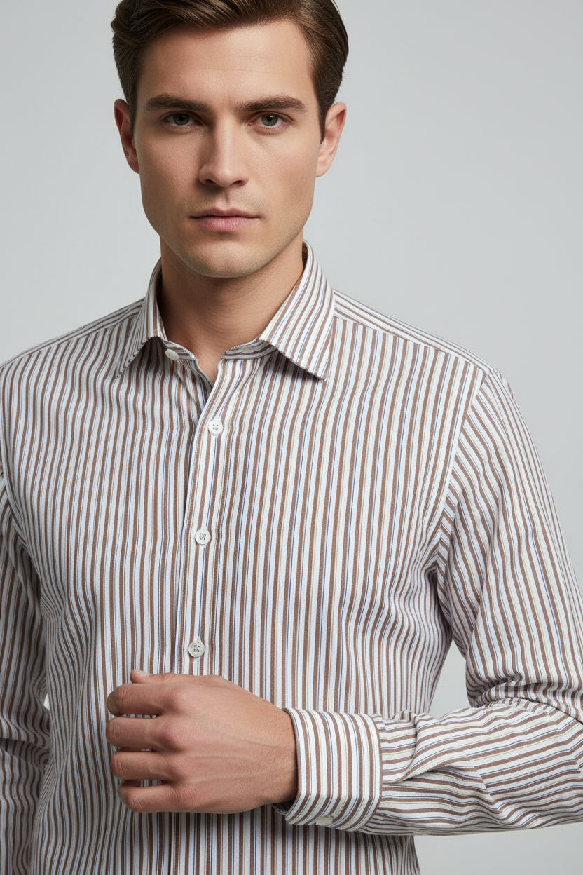 Brown & White Striped Formal Shirt