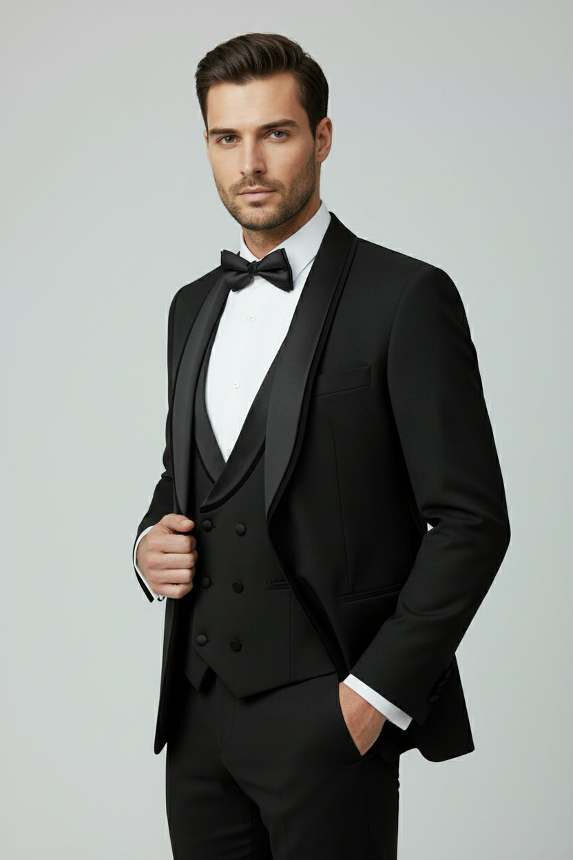 Black Satin Lapel Tuxedo with Velvet Detail