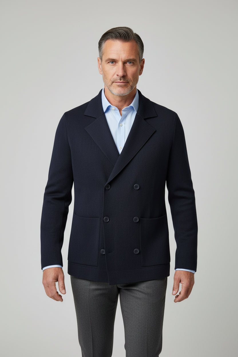 Navy Blue Double-Breasted Knit Jacket