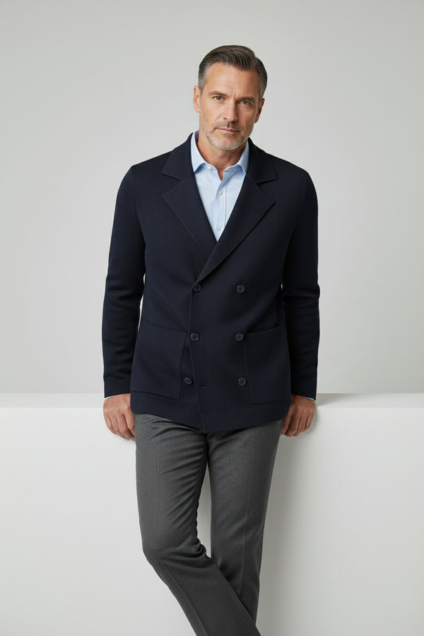 Navy Blue Double-Breasted Knit Jacket