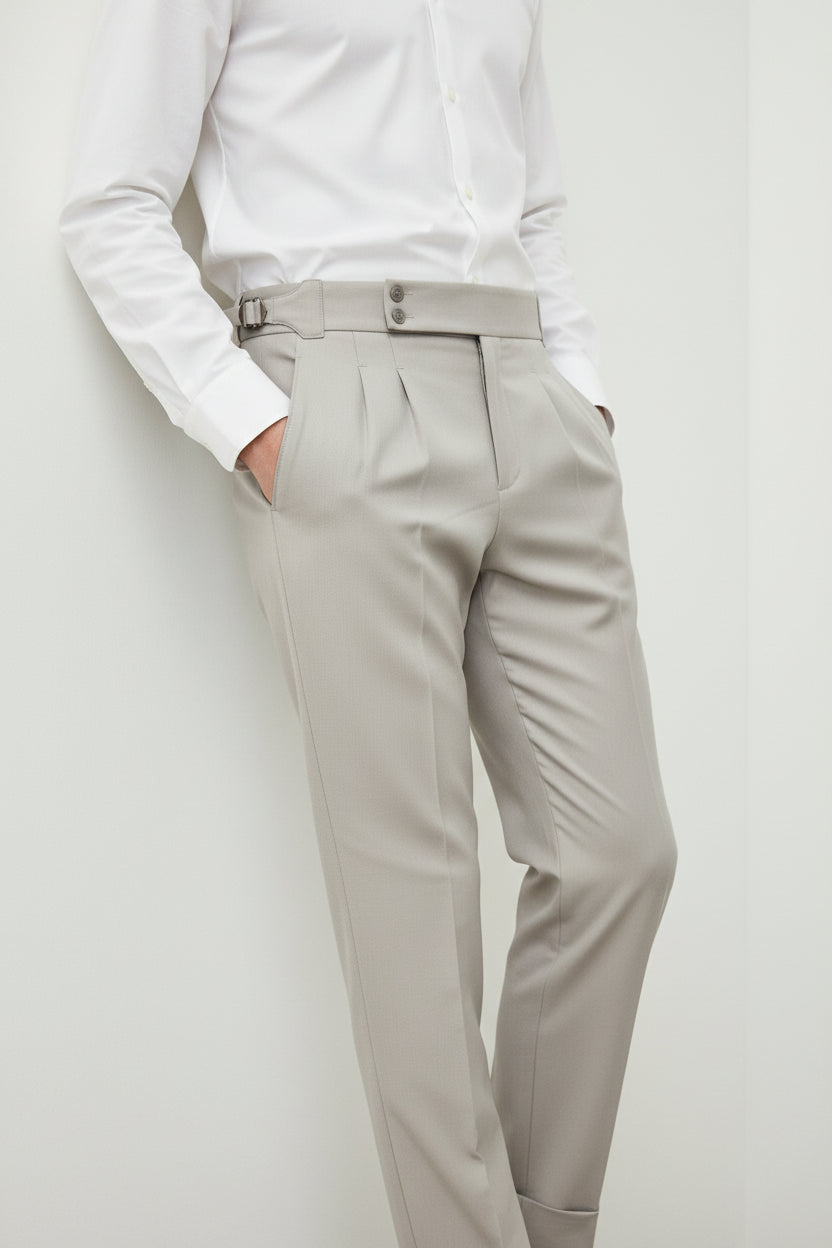 Beige High-Waisted Pants with Double Seam Detail