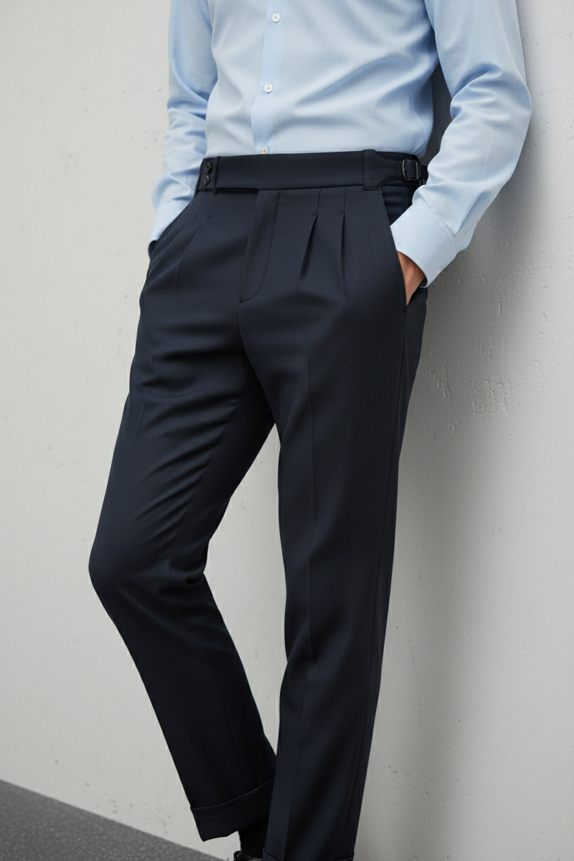 Navy High-Waisted Pants with Double Seam Detail