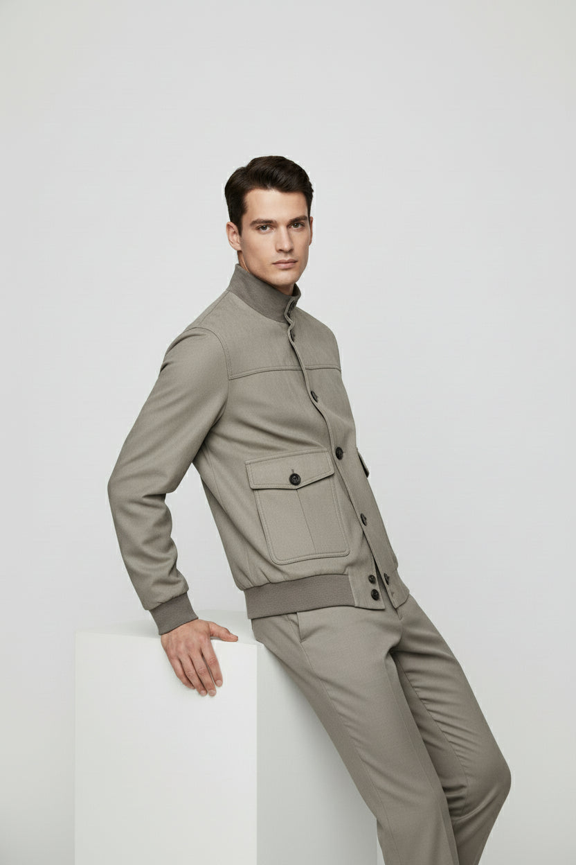 Beige Suede Bomber Jacket