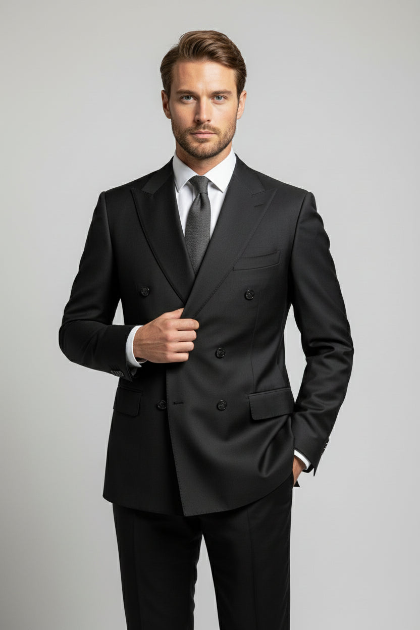 Black Double-Breasted Mixed Wool Suit