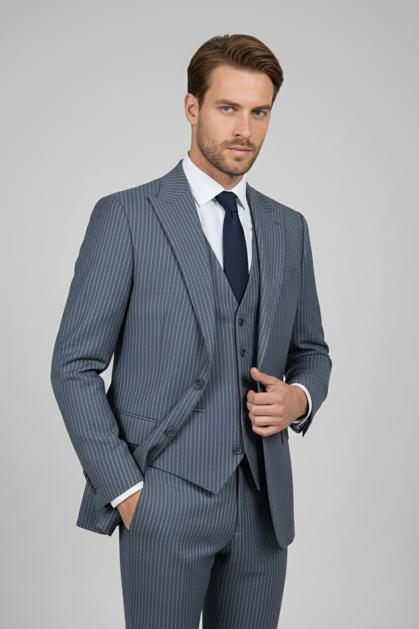Blue Pinstripe Three-Piece Suit