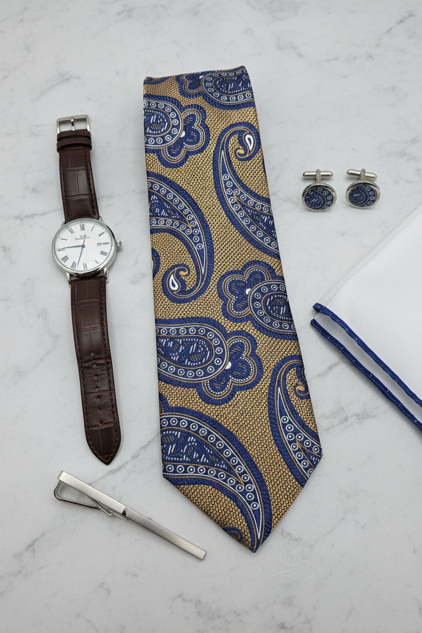 Gold & Navy Paisley Silk Tie