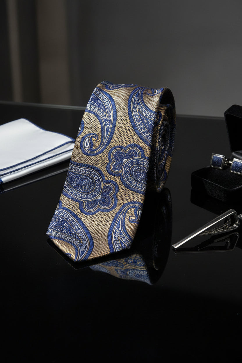 Gold & Navy Paisley Silk Tie