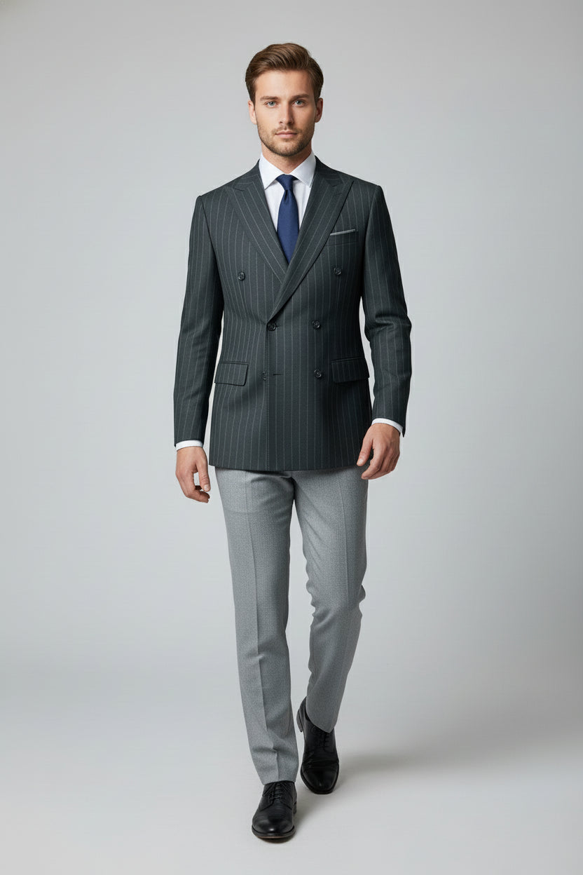 Green & Grey Pinstriped Double-Breasted Suit