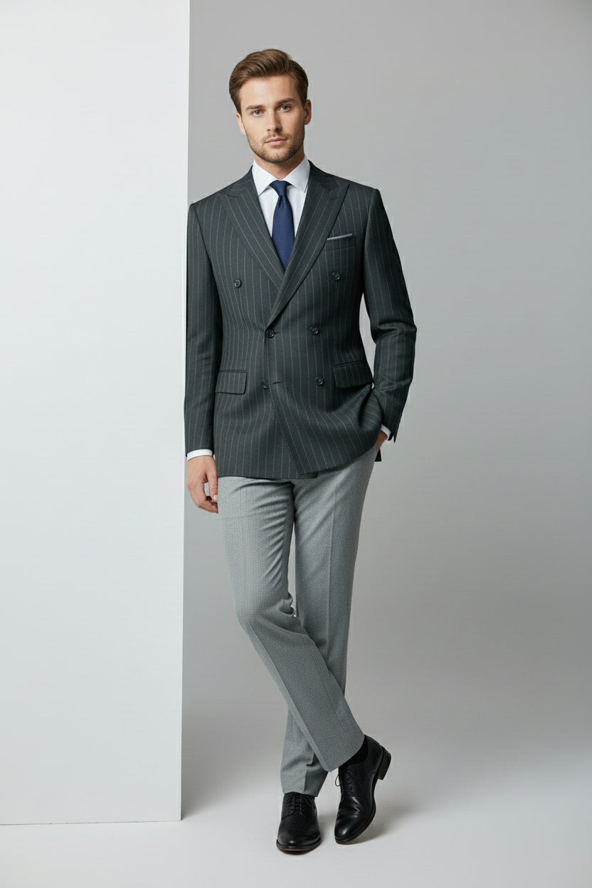 Green & Grey Pinstriped Double-Breasted Suit