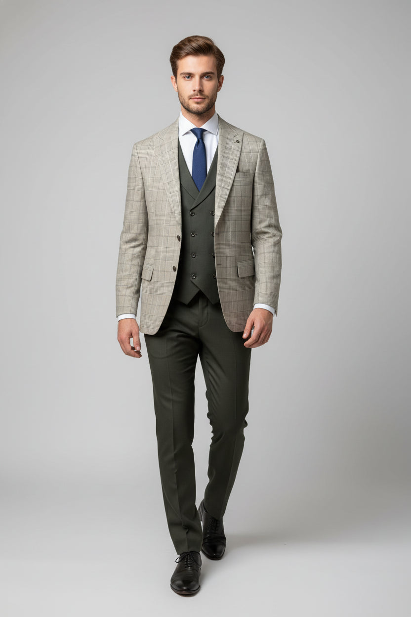 Olive Green Three-Piece Suit with Checked Blazer