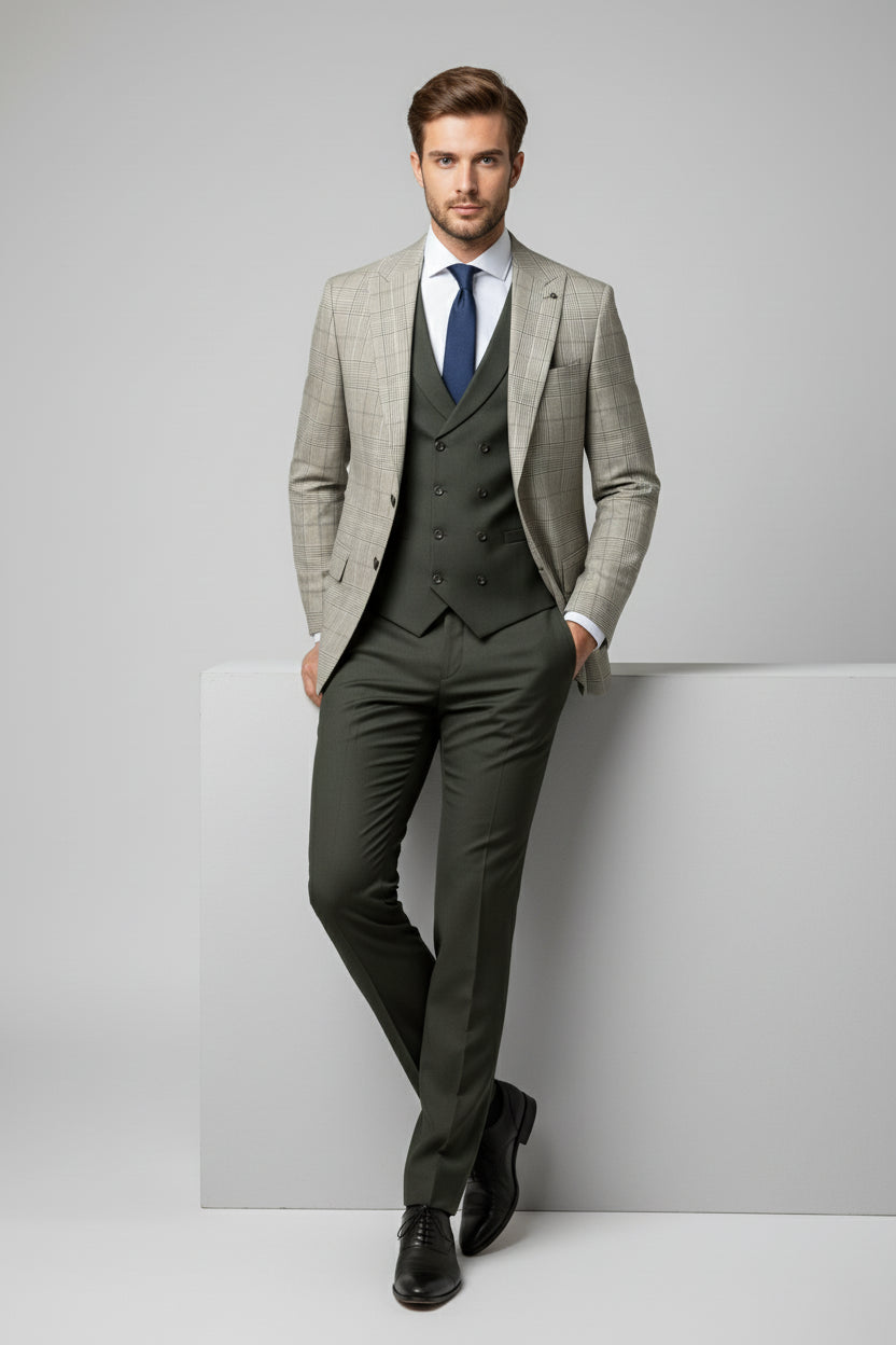 Olive Green Three-Piece Suit with Checked Blazer