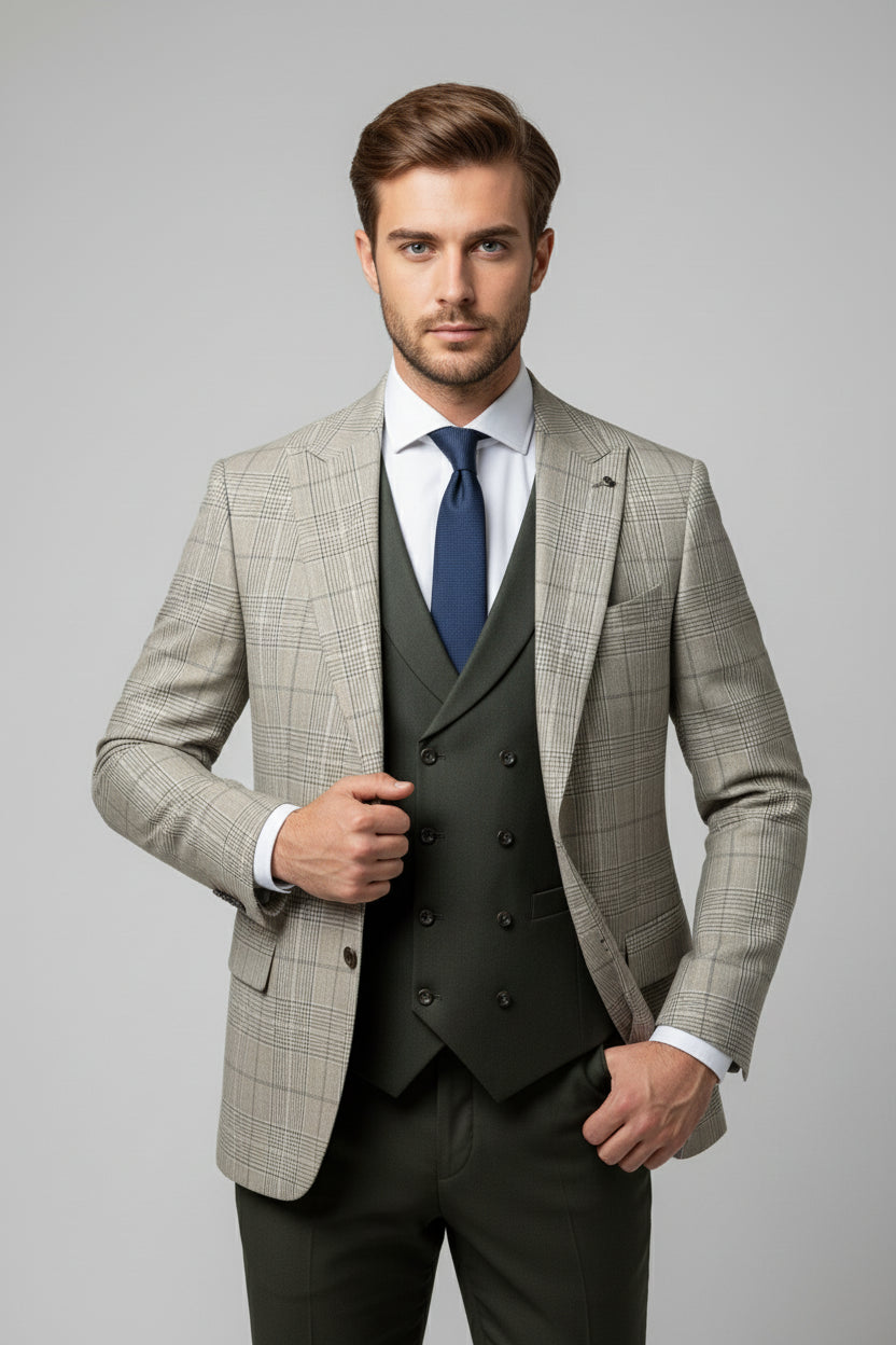 Olive Green Three-Piece Suit with Checked Blazer