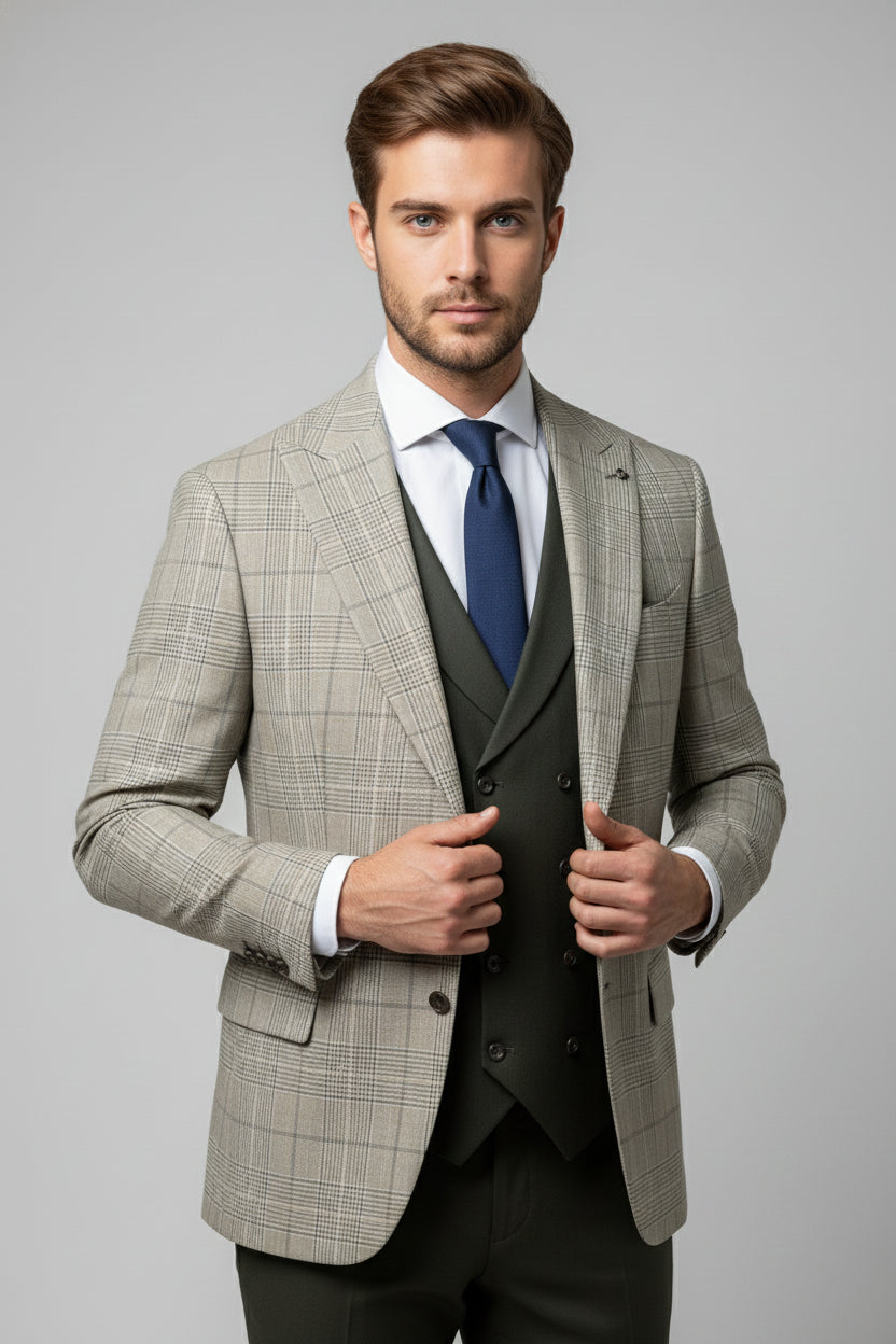 Olive Green Three-Piece Suit with Checked Blazer
