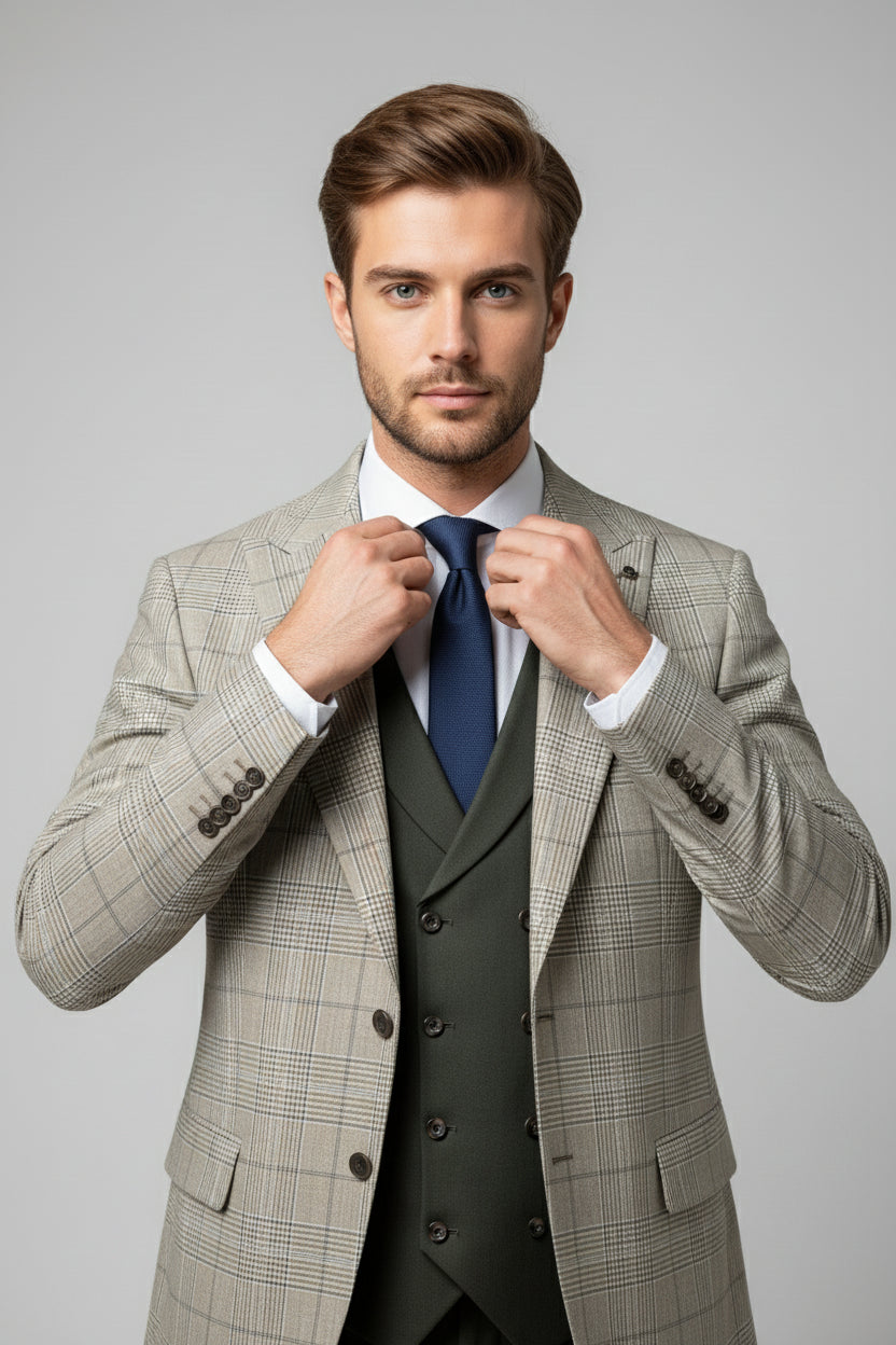 Olive Green Three-Piece Suit with Checked Blazer