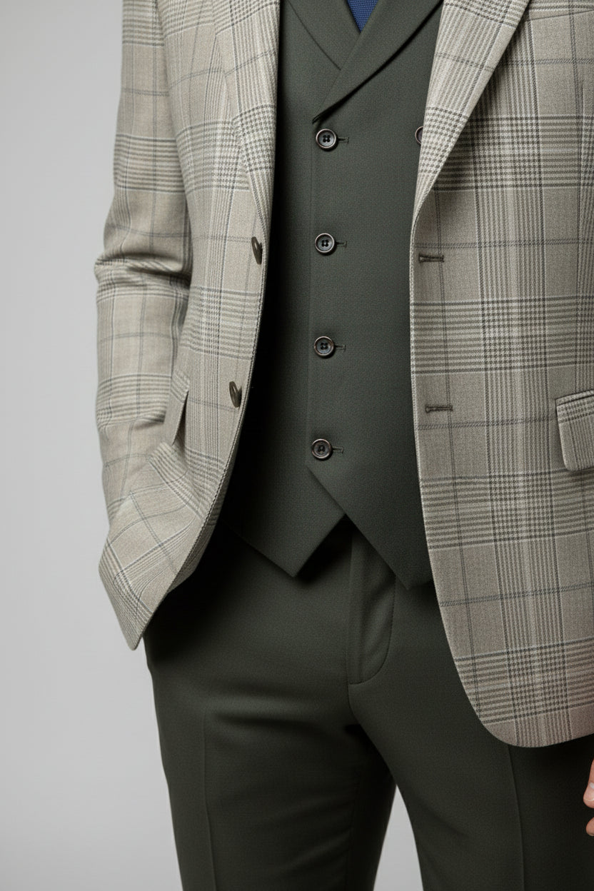 Olive Green Three-Piece Suit with Checked Blazer