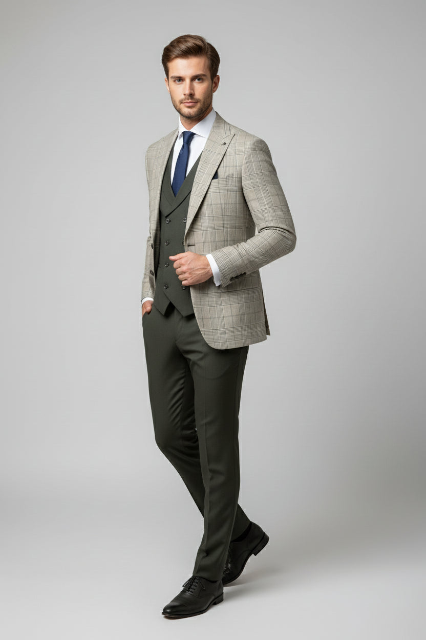 Olive Green Three-Piece Suit with Checked Blazer
