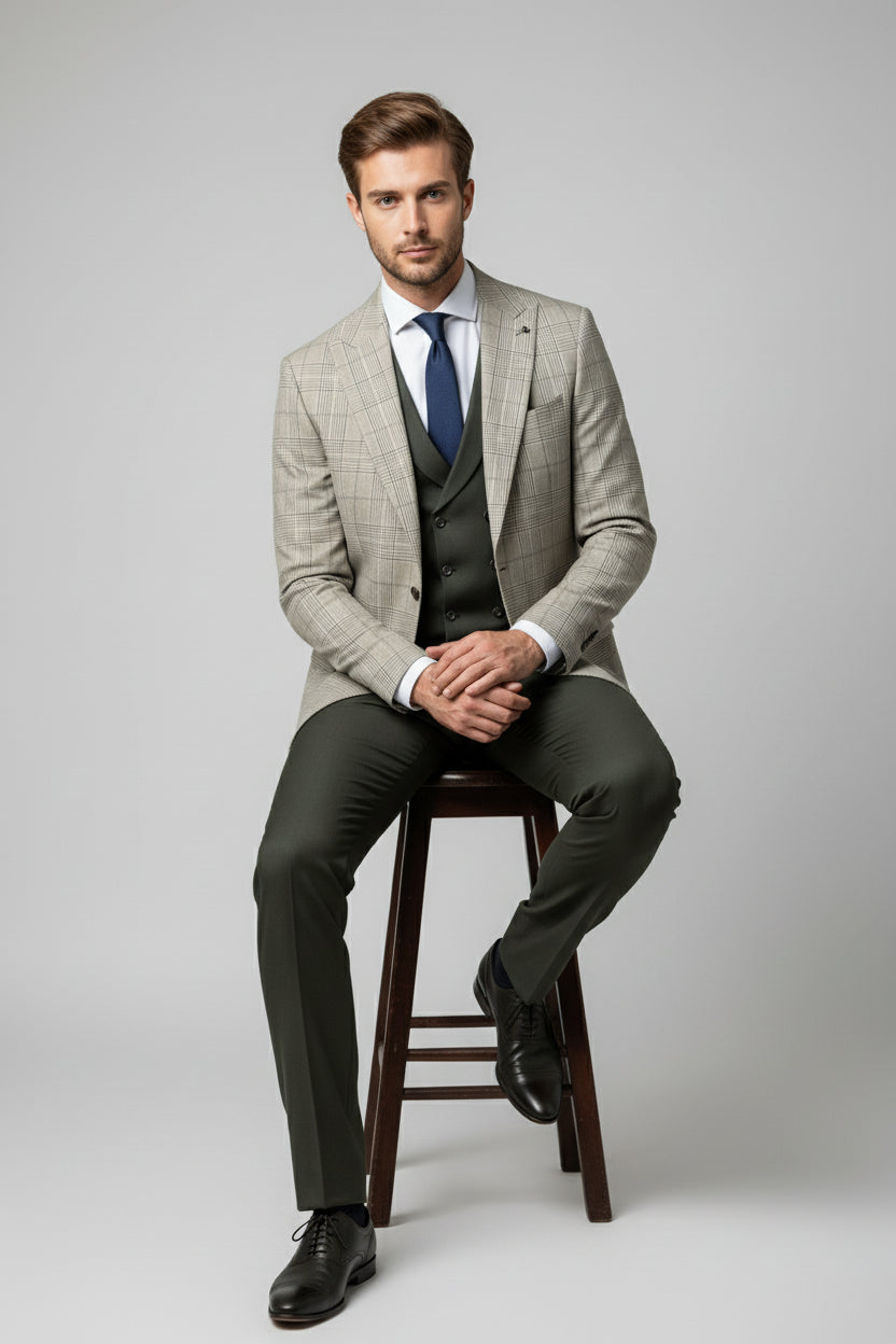 Olive Green Three-Piece Suit with Checked Blazer