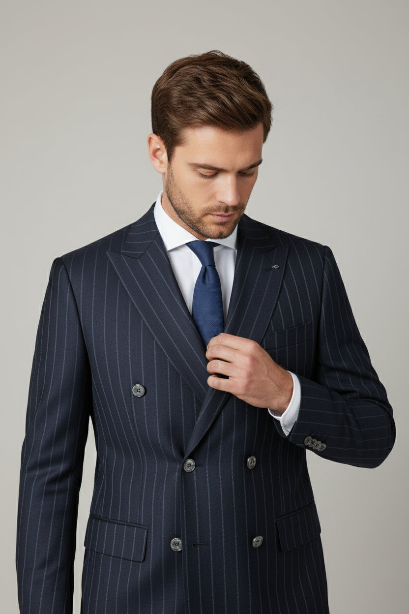 Navy Pinstriped Double-Breasted Suit with Grey Trousers